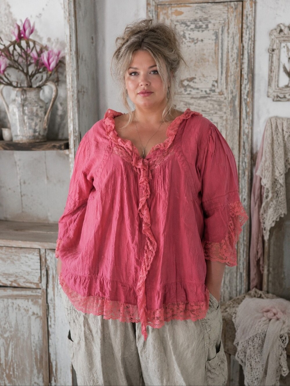 Vintage Y2K Denim 24/7 Boho Lace Top Size 20W Pink Button Front Flowy